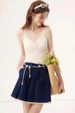 Lace Splicing Denim Skirt