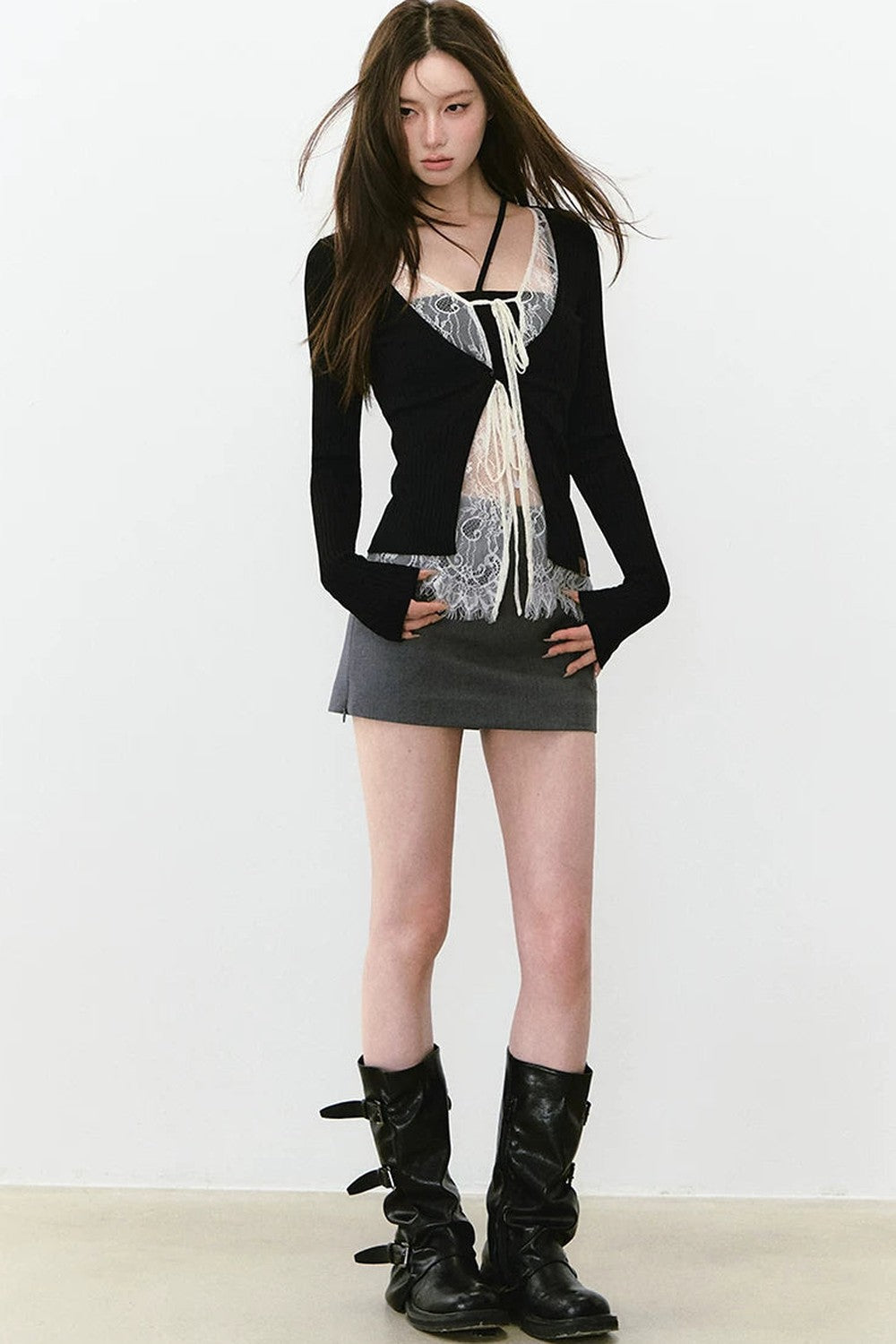 Lace Splicing Woolen Cardigan Top