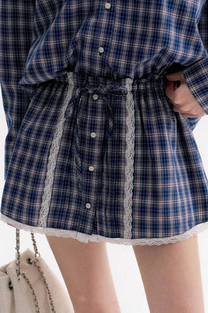 Lace Stitching Check Short Skirt