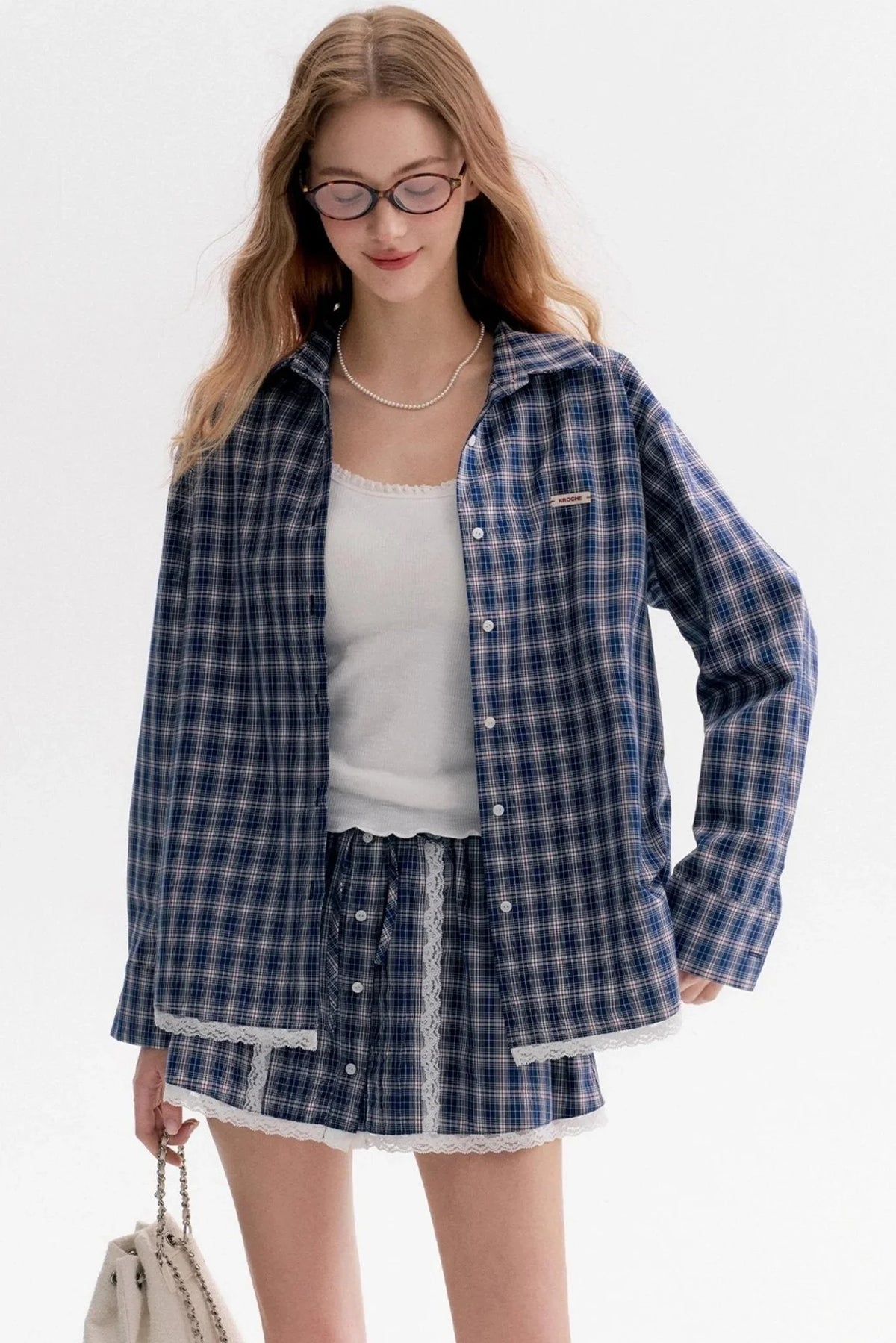 Lace Stitching Check Short Skirt