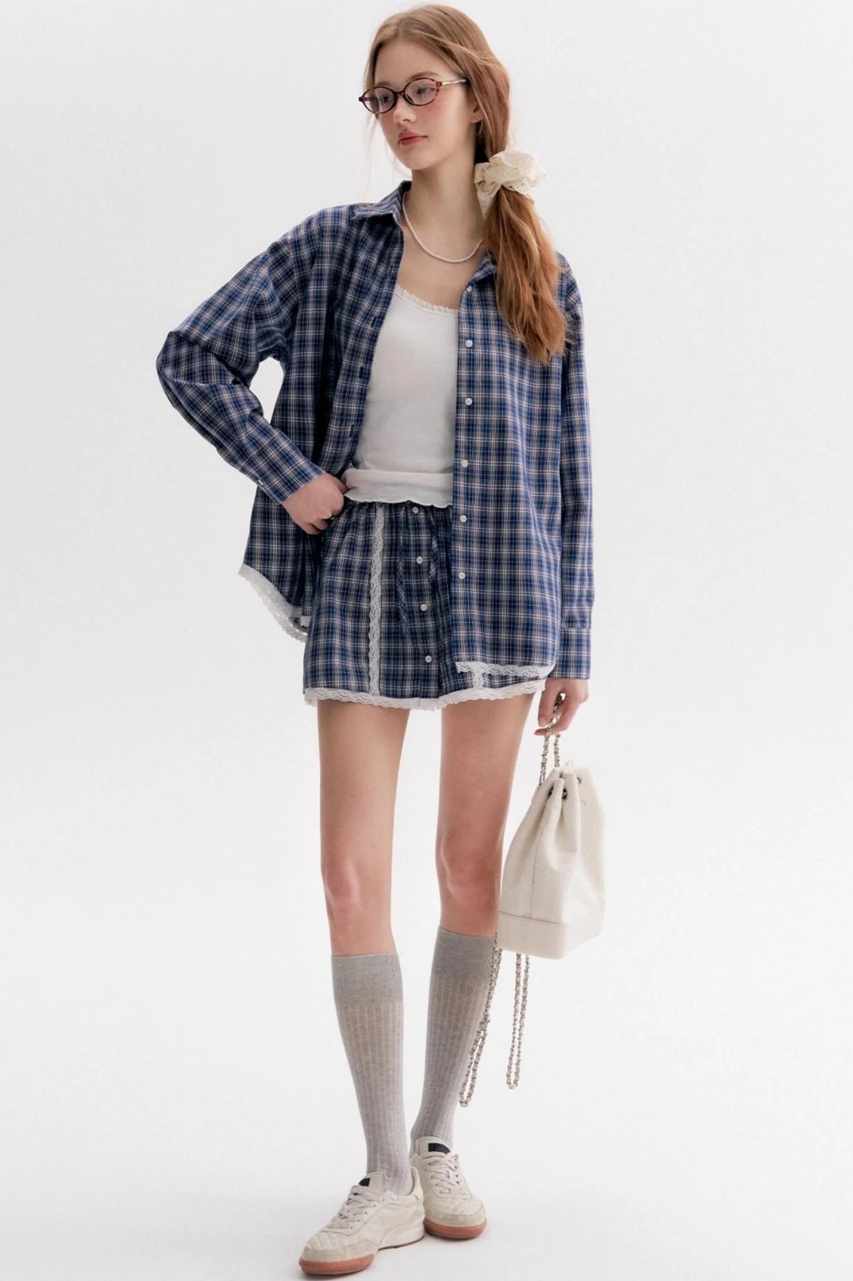 Lace Stitching Check Short Skirt
