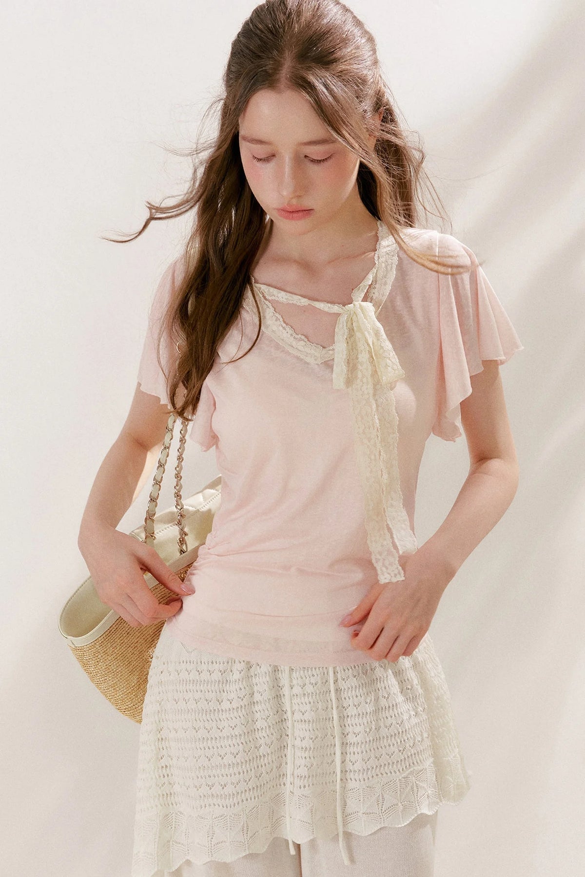 Lace Tie Bowlet Short Sleeve Top