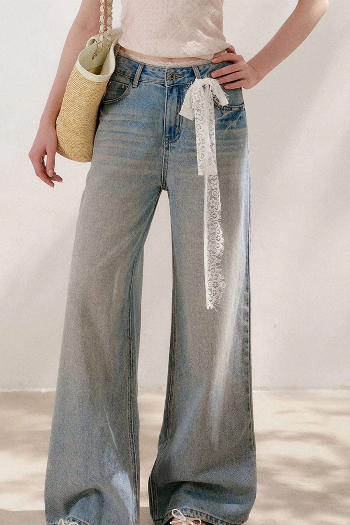 Lace Tie-Up Wide-Leg Jeans