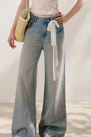 Lace Tie-Up Wide-Leg Jeans