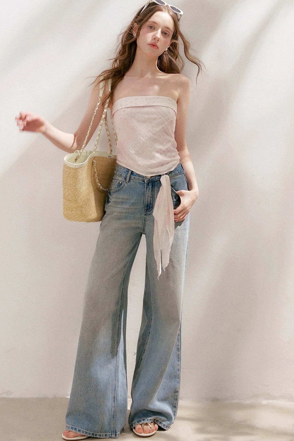 Lace Tie-Up Wide-Leg Jeans