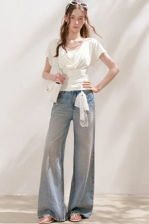 Lace Tie-Up Wide-Leg Jeans
