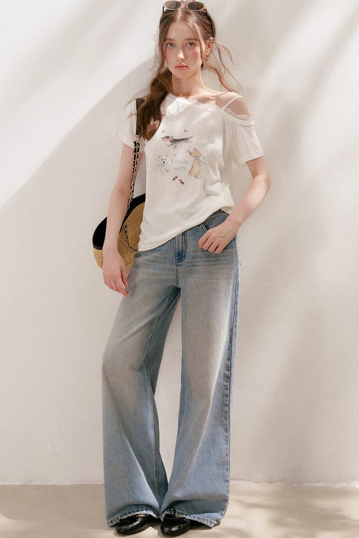 Lace Tie-Up Wide-Leg Jeans