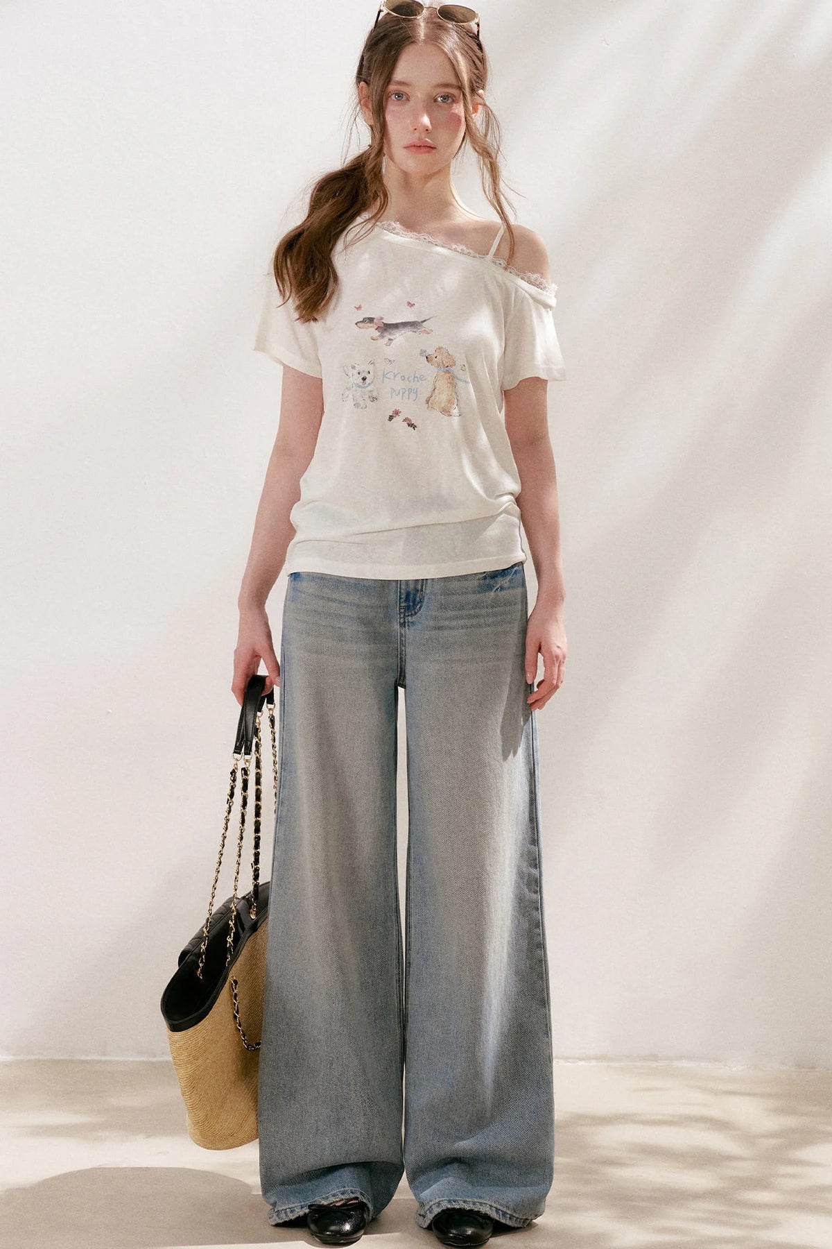 Lace Tie-Up Wide-Leg Jeans