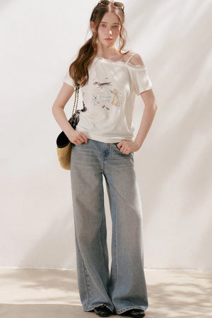 Lace Tie-Up Wide-Leg Jeans