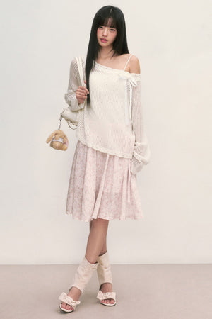 Lace Trim Hollow-Out Off-Shoulder Knit Top and Floral Skirt Set-Up