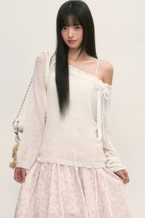 Lace Trim Hollow-Out Off-Shoulder Knit Top and Floral Skirt Set-Up