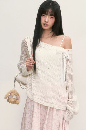 Lace Trim Hollow-Out Off-Shoulder Knit Top and Floral Skirt Set-Up