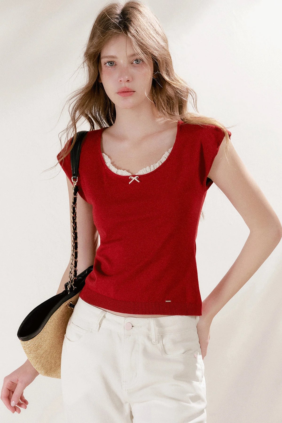 Lace Trim Square Neck Short Sleeve Knit Top