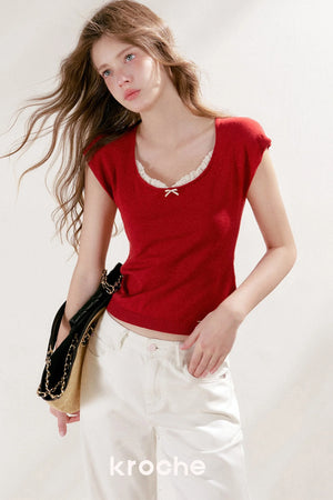 Lace Trim Square Neck Short Sleeve Knit Top