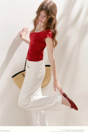Lace Trim Square Neck Short Sleeve Knit Top