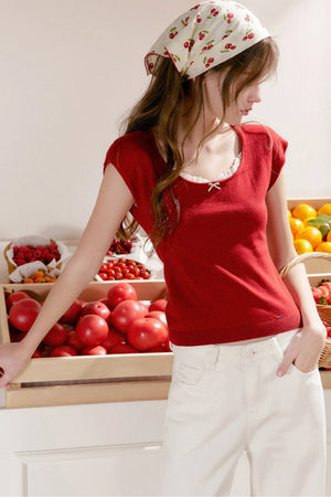 Lace Trim Square Neck Short Sleeve Knit Top