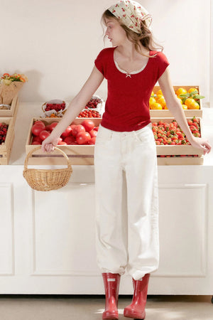 Lace Trim Square Neck Short Sleeve Knit Top