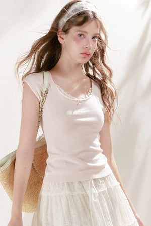 Lace Trim Square Neck Short Sleeve Knit Top