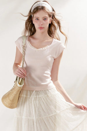 Lace Trim Square Neck Short Sleeve Knit Top