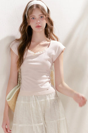 Lace Trim Square Neck Short Sleeve Knit Top