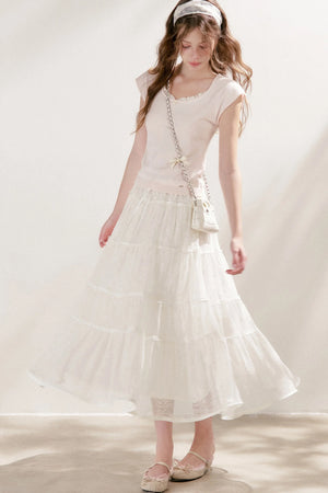 Lace Trim Square Neck Short Sleeve Knit Top
