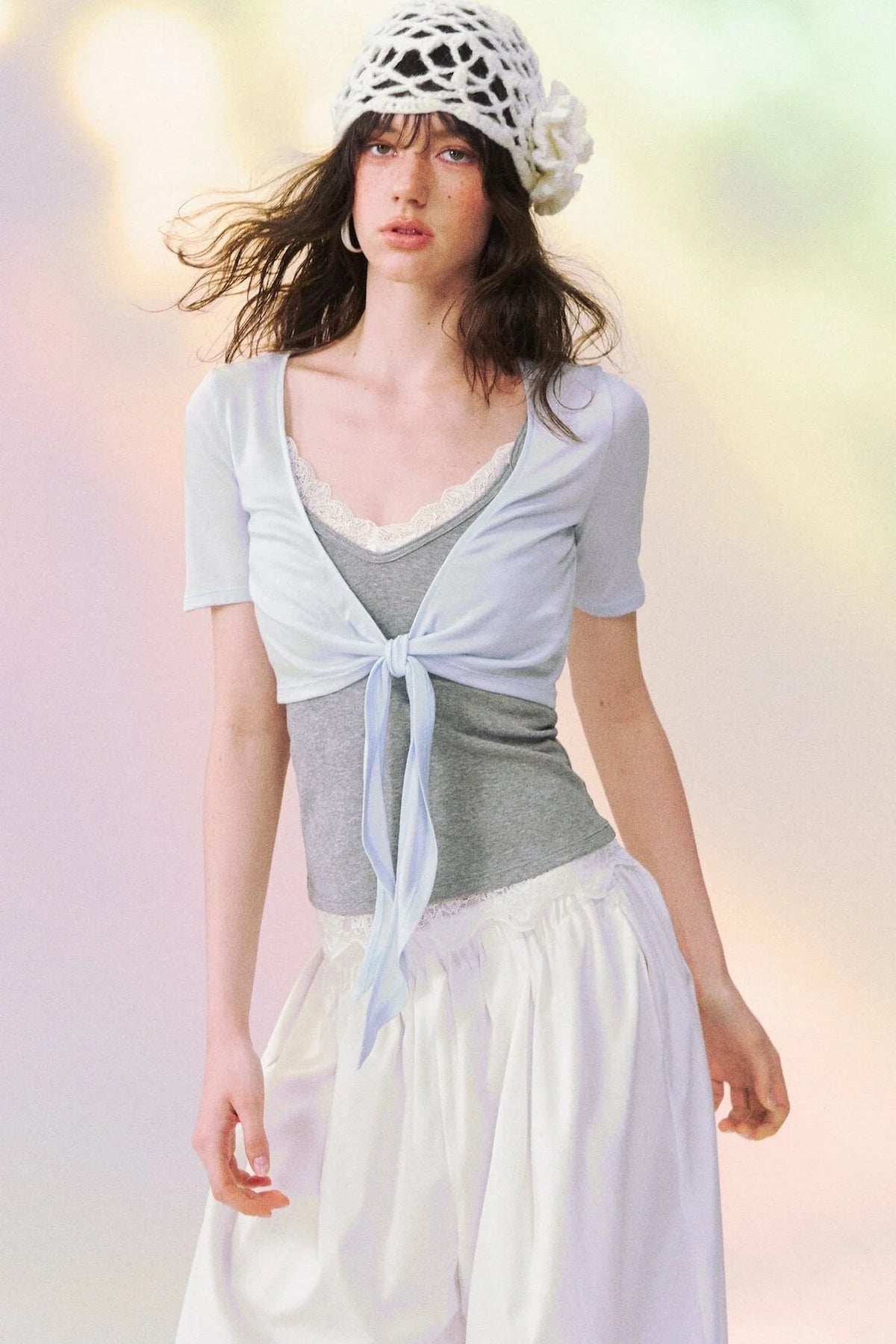 Lace Trim Tie-Front Knit Cardigan Set-Up