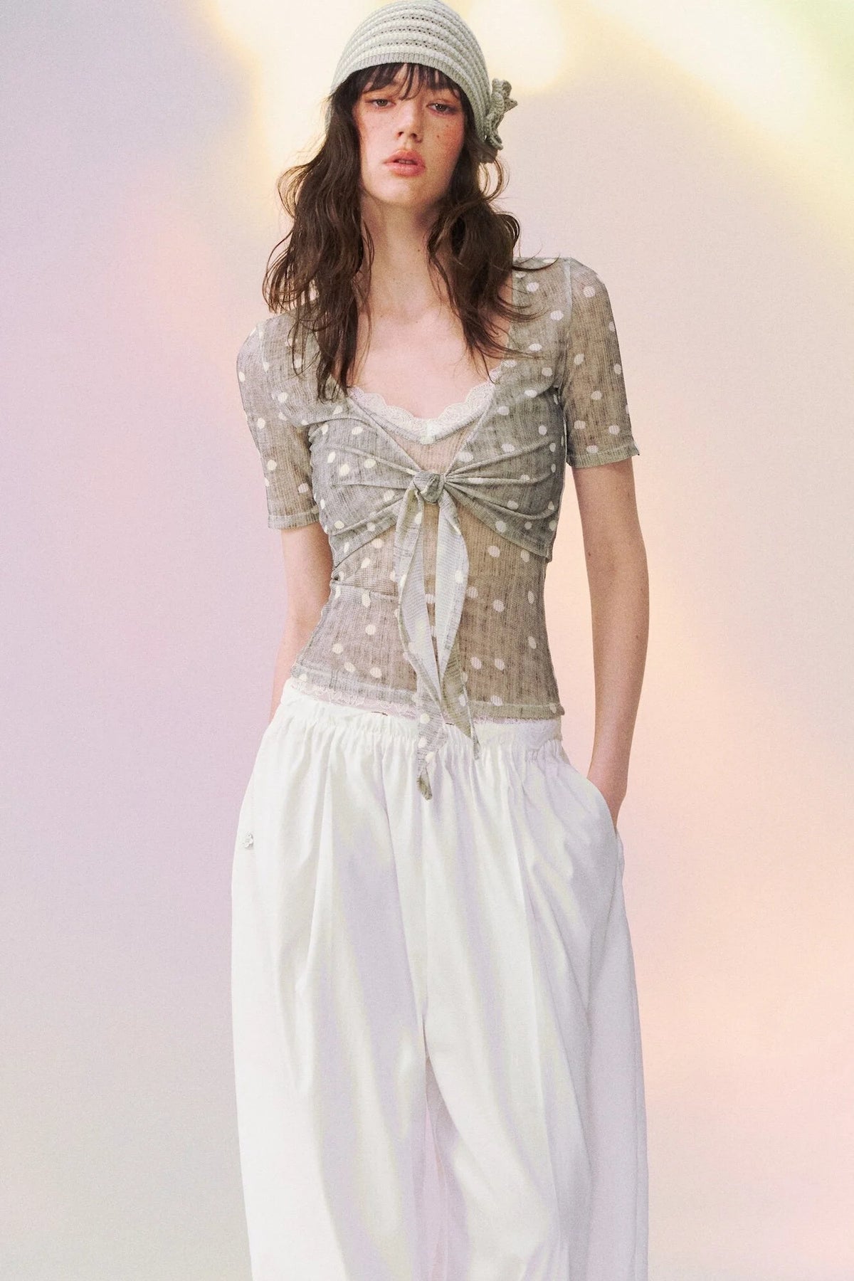 Lace Trim Tie-Front Knit Cardigan Set-Up