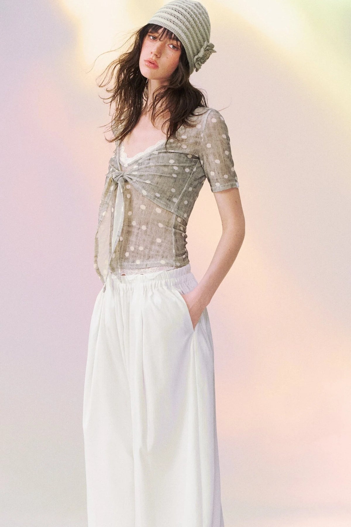 Lace Trim Tie-Front Knit Cardigan Set-Up