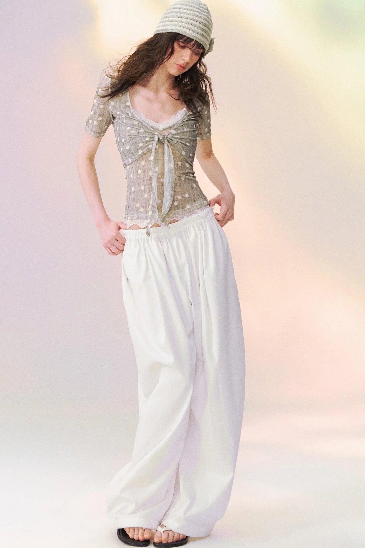 Lace Trim Tie-Front Knit Cardigan Set-Up
