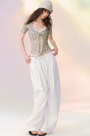 Lace Trim Tie-Front Knit Cardigan Set-Up