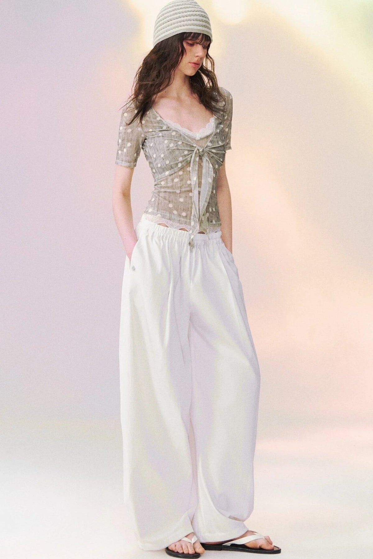 Lace Trim Tie-Front Knit Cardigan Set-Up