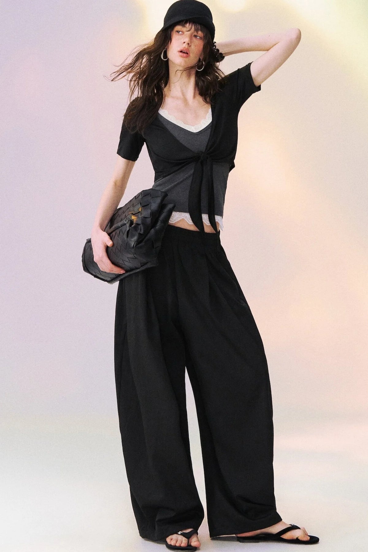 Lace Trim Tie-Front Knit Cardigan Set-Up