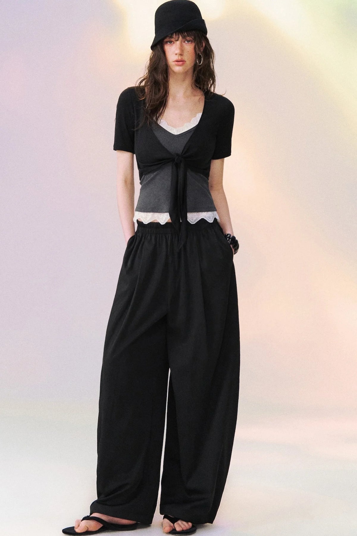 Lace Trim Tie-Front Knit Cardigan Set-Up