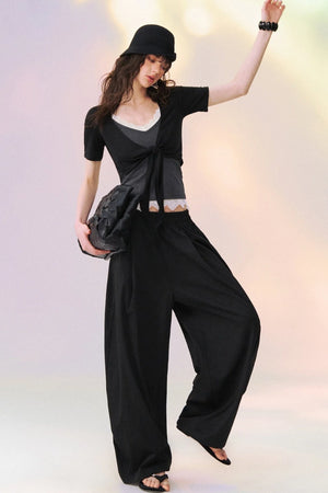 Lace Trim Tie-Front Knit Cardigan Set-Up