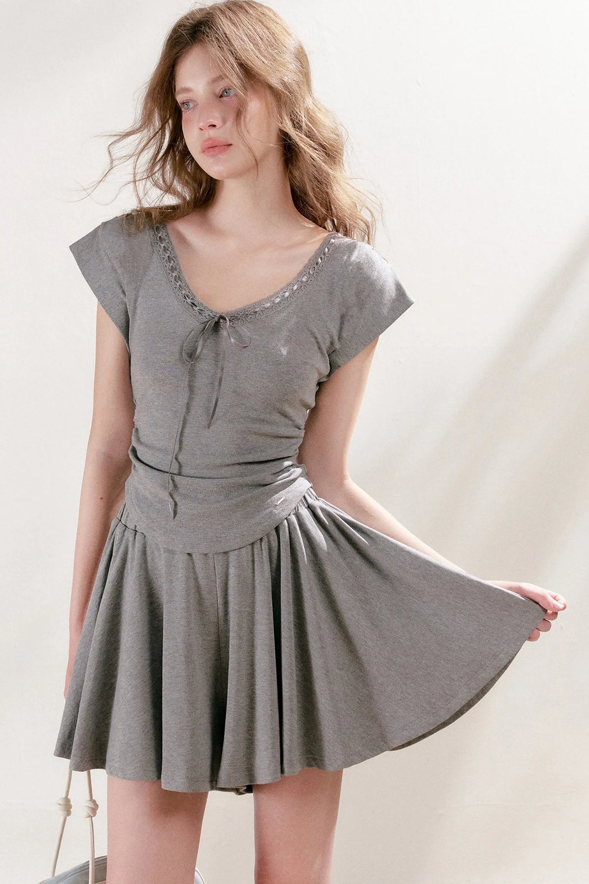 Lace Trim Tie-Up Top and High-Waisted Skirt Pants Set
