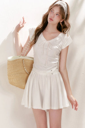 Lace Trim Tie-Up Top and High-Waisted Skirt Pants Set
