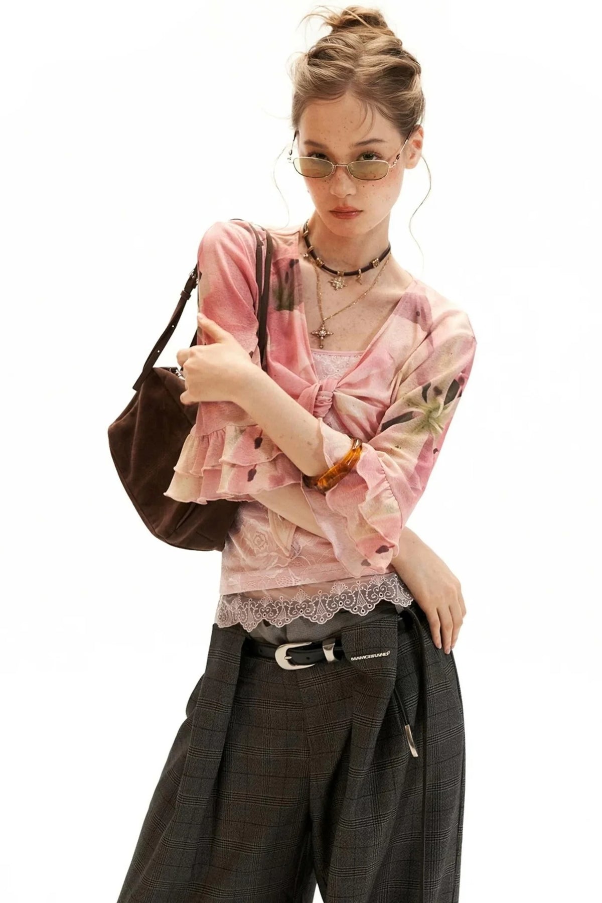 Lace-Trimmed Floral Cardigan Set-Up