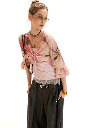Lace-Trimmed Floral Cardigan Set-Up