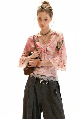 Lace-Trimmed Floral Cardigan Set-Up