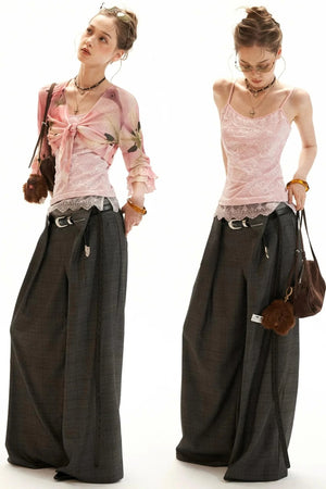 Lace-Trimmed Floral Cardigan Set-Up
