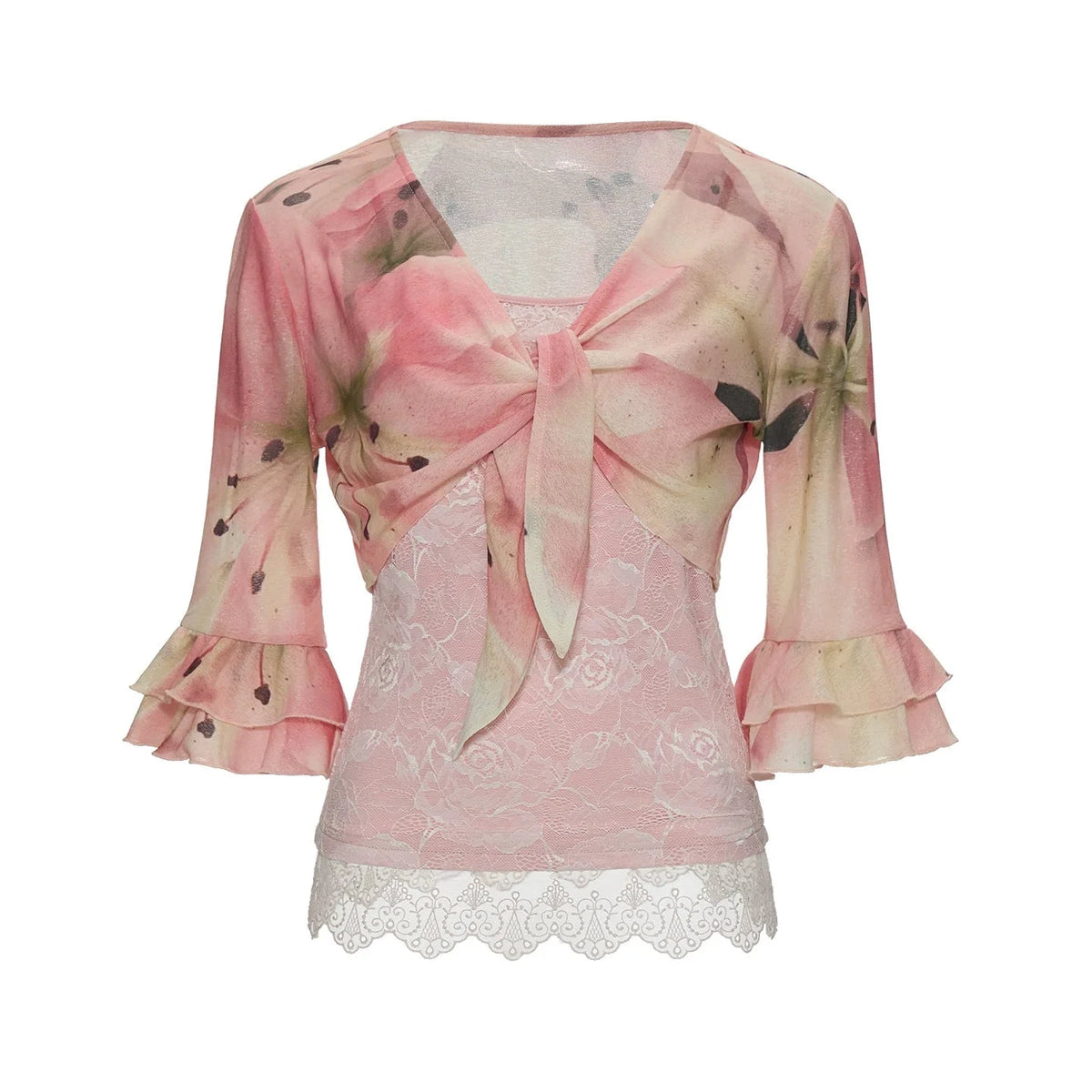 Lace-Trimmed Floral Cardigan Set-Up