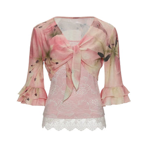 Lace-Trimmed Floral Cardigan Set-Up