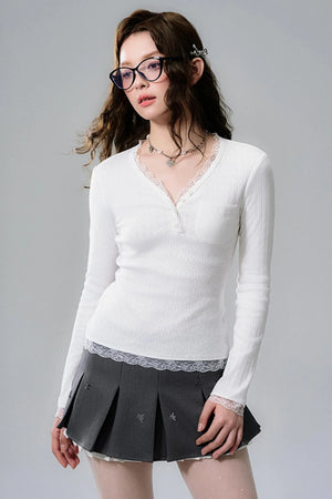 Lace-Trimmed V-Neck Henley Top
