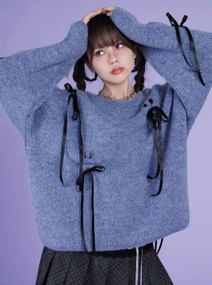 Lace-up Bow Crew Neck Sweater Loose Top