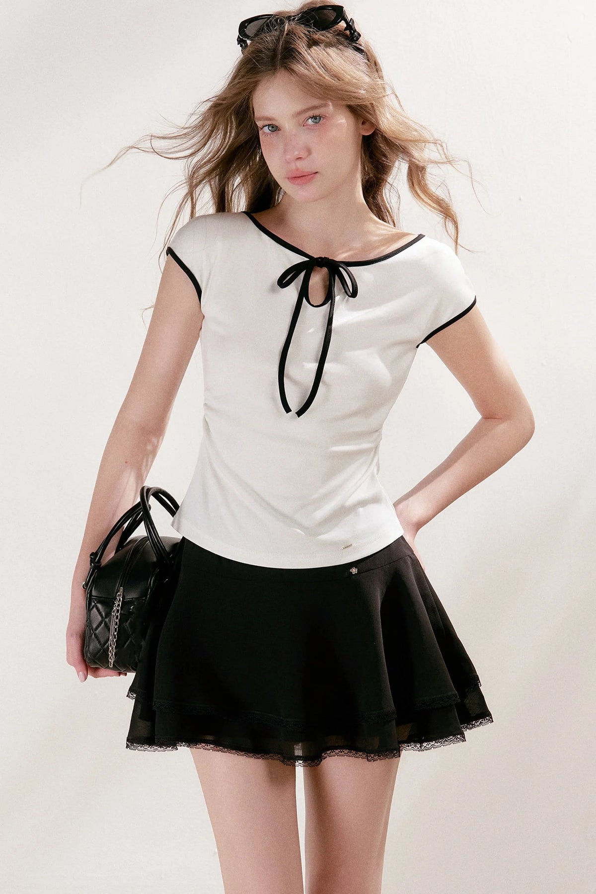 Lace-Up Bow Hollow Out Short Sleeve T-Shirt and Skirt Set