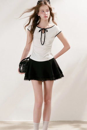 Lace-Up Bow Hollow Out Short Sleeve T-Shirt and Skirt Set