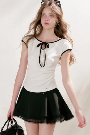 Lace-Up Bow Hollow Out Short Sleeve T-Shirt and Skirt Set