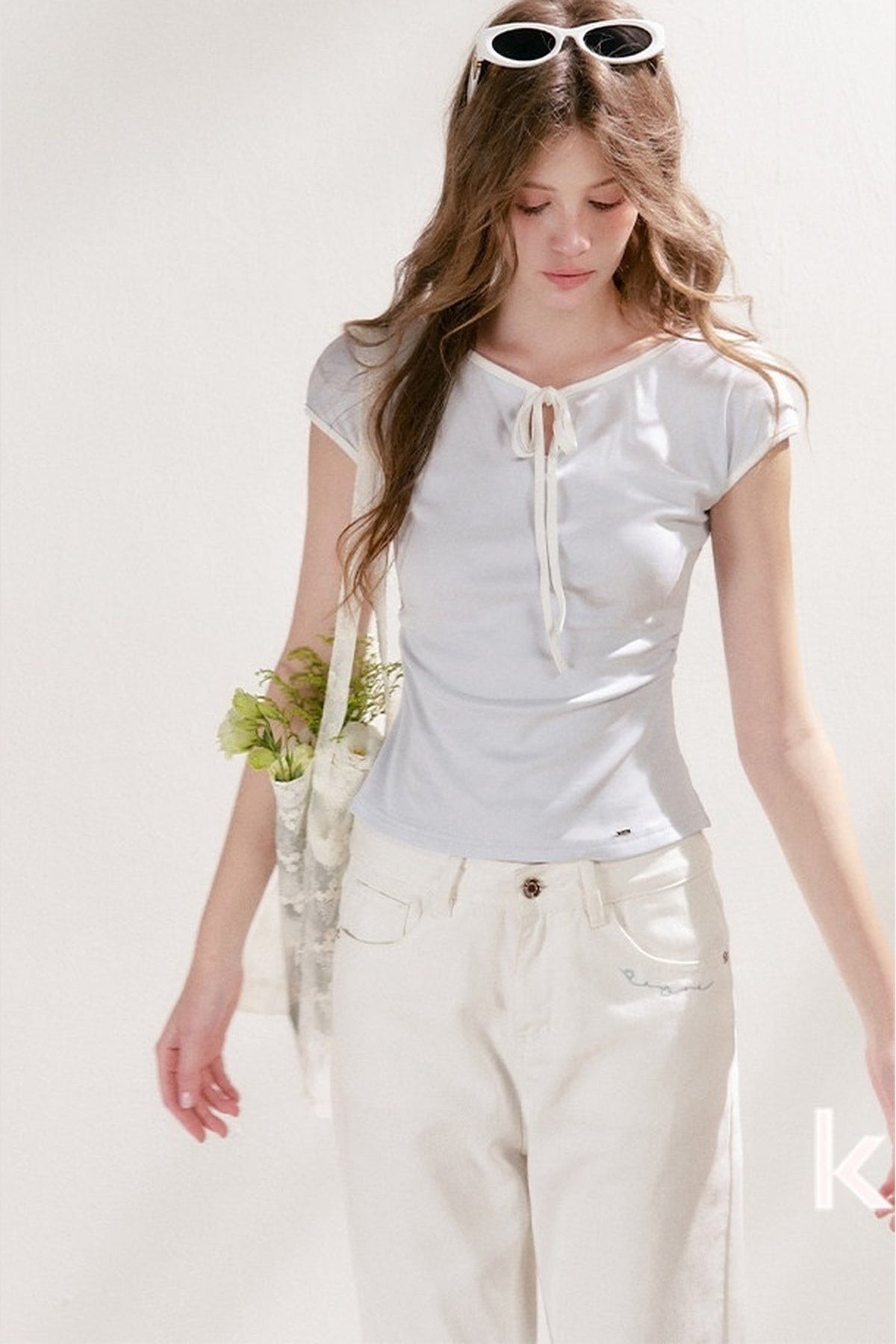 Lace-Up Bow Hollow Out Short Sleeve T-Shirt and Skirt Set