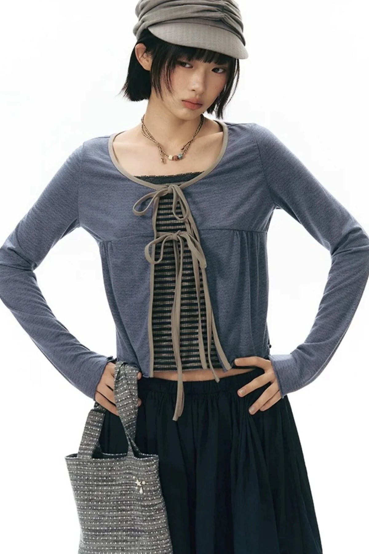 Lace-Up Ruffle Knit Cardigan
