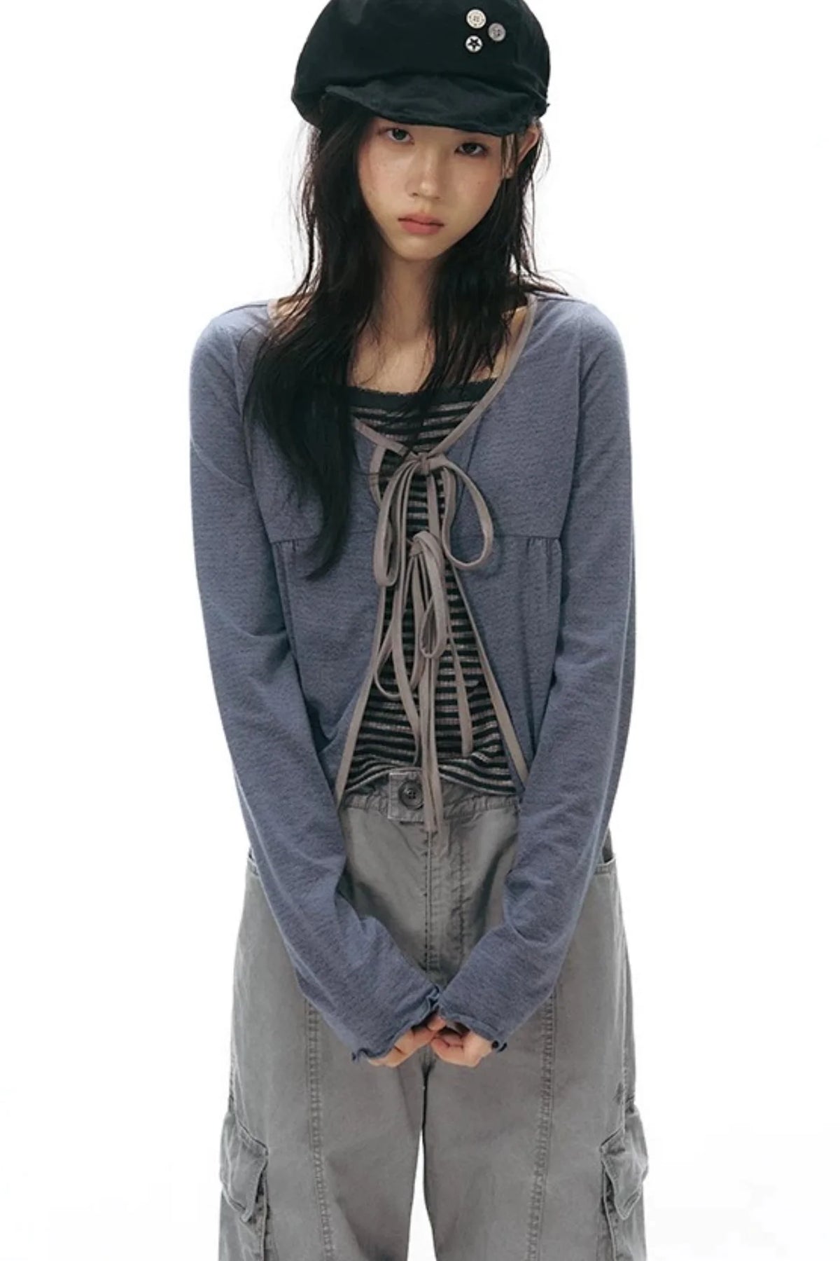 Lace-Up Ruffle Knit Cardigan